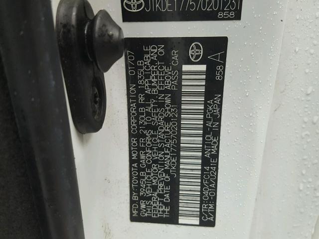 JTKDE177570201231 - 2007 TOYOTA SCION TC 白色 照片 10