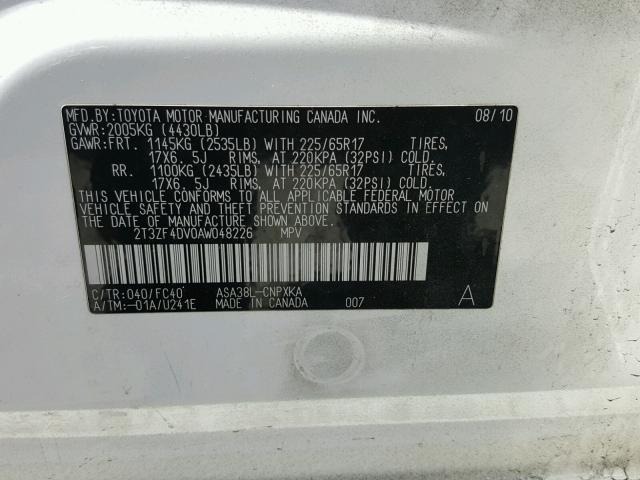 2T3ZF4DV0AW048226 - 2010 TOYOTA RAV4 WHITE photo 10