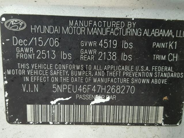 5NPEU46F47H268270 - 2007 HYUNDAI SONATA SE SILVER photo 10