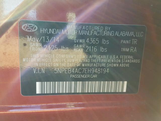 5NPEB4AC7EH948194 - 2014 HYUNDAI SONATA GLS RED photo 10