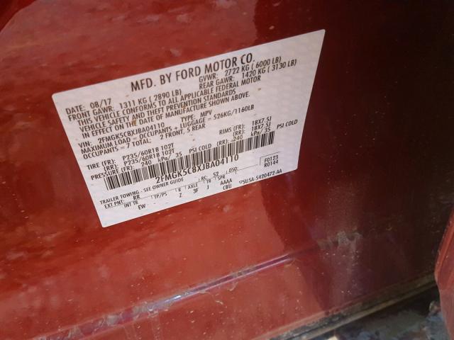 2FMGK5C8XJBA04110 - 2018 FORD FLEX SEL RED photo 10