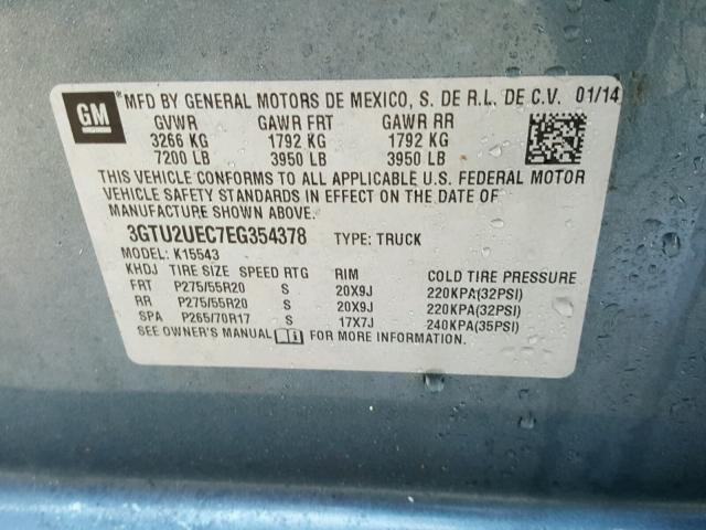 3GTU2UEC7EG354378 - 2014 GMC SIERRA K15 BLUE photo 10