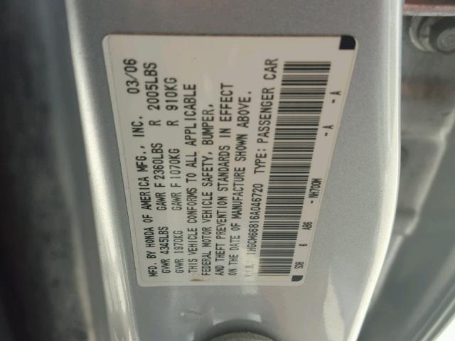 1HGCM66816A046720 - 2006 HONDA ACCORD EX SILVER photo 10