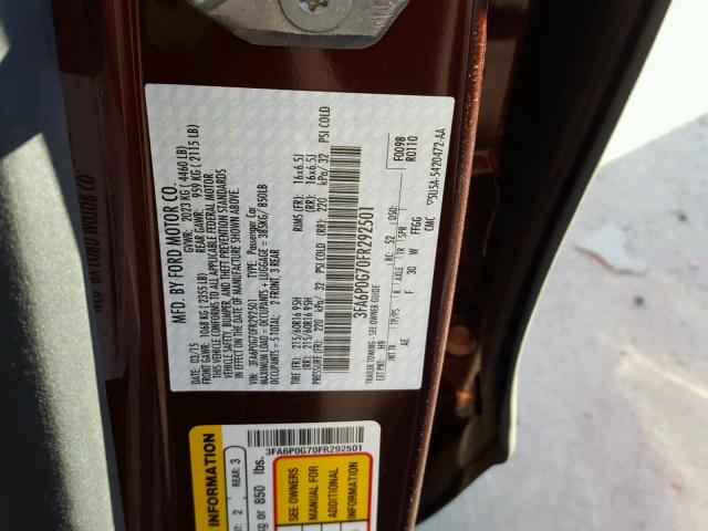 3FA6P0G70FR292501 - 2015 FORD FUSION S MAROON photo 10