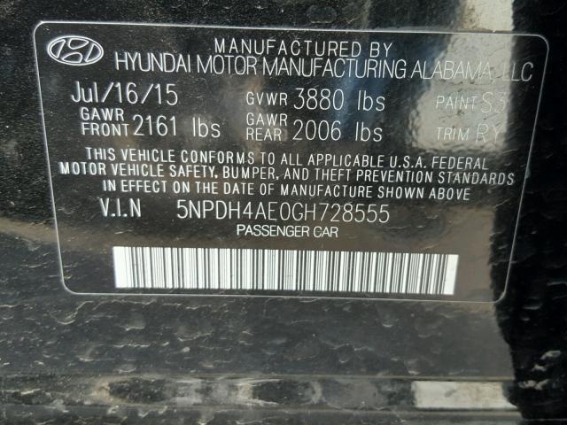 5NPDH4AE0GH728555 - 2016 HYUNDAI ELANTRA SE BLACK photo 10