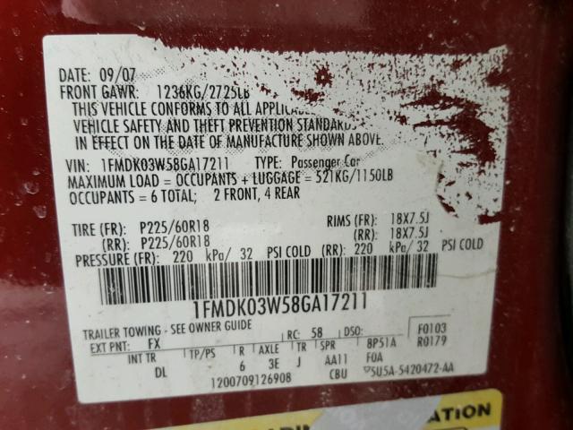 1FMDK03W58GA17211 - 2008 FORD TAURUS X L RED photo 10