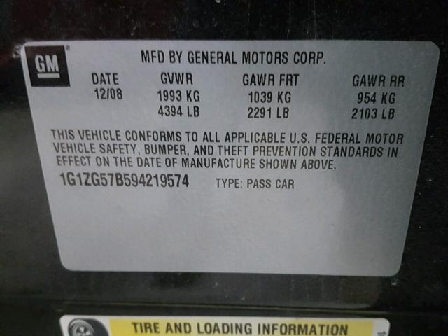 1G1ZG57B594219574 - 2009 CHEVROLET MALIBU LS BLACK photo 10