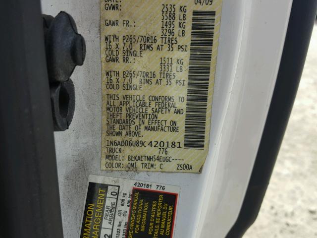 1N6AD06U89C420181 - 2009 NISSAN FRONTIER K WHITE photo 10