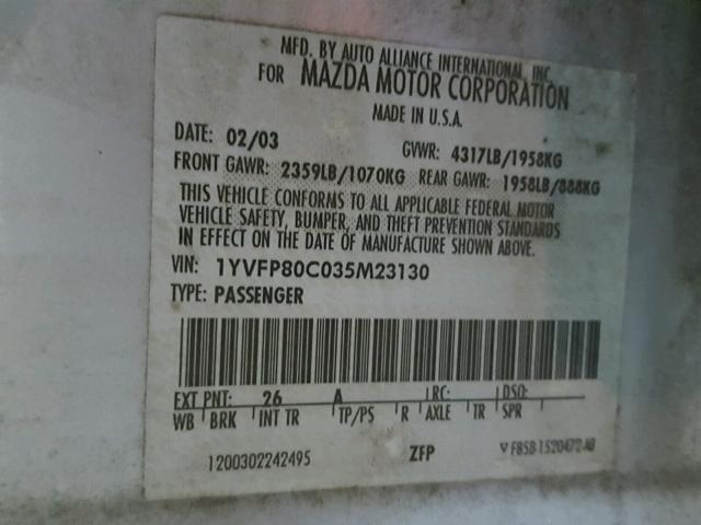 1YVFP80C035M23130 - 2003 MAZDA 6 I SILVER photo 10