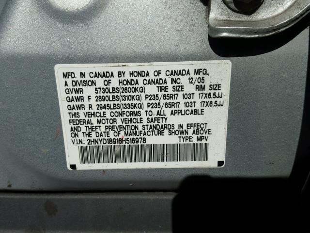 2HNYD18916H516978 - 2006 ACURA MDX TOURIN SILVER photo 10