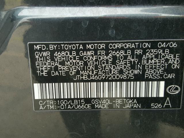 JTHBJ46G972009875 - 2007 LEXUS ES 350 BLACK photo 10