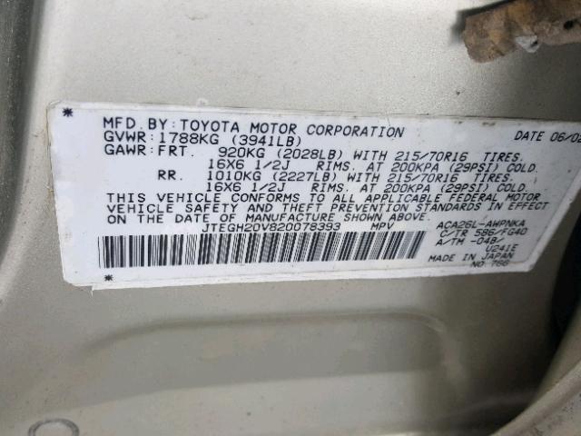 JTEGH20V820078393 - 2002 TOYOTA RAV4 TAN photo 10