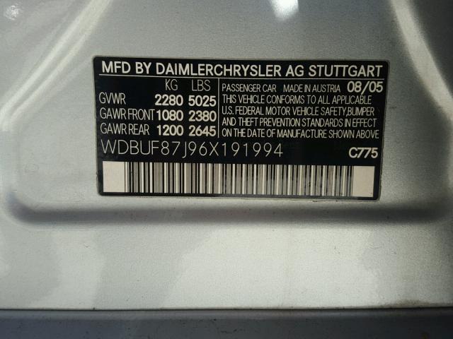 WDBUF87J96X191994 - 2006 MERCEDES-BENZ E 350 4MAT SILVER photo 10