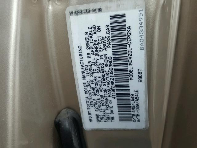 4T1BF28K21U963609 - 2001 TOYOTA CAMRY LE BEIGE photo 10