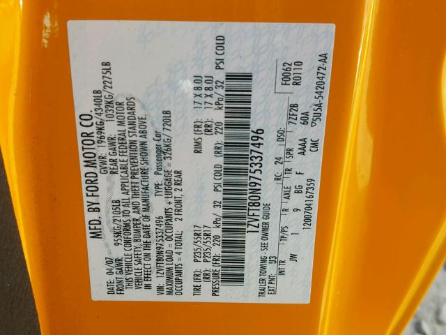 1ZVFT80N975337496 - 2007 FORD MUSTANG ORANGE photo 10