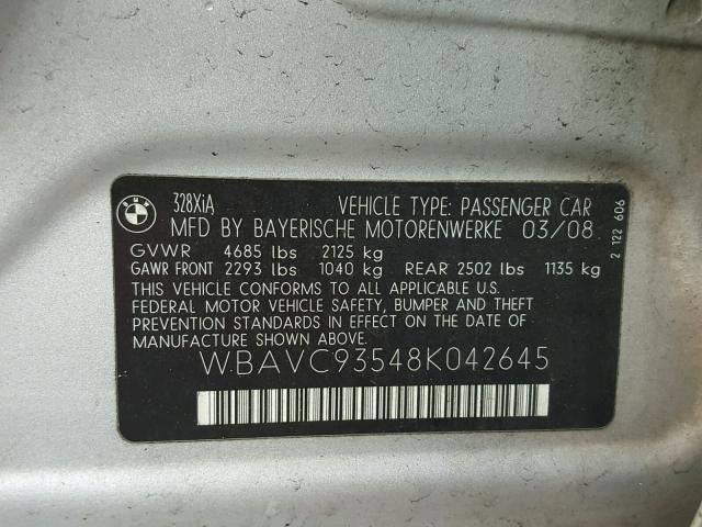 WBAVC93548K042645 - 2008 BMW 328 XI SILVER photo 10