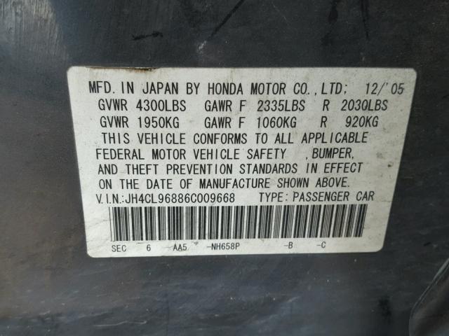 JH4CL96886C009668 - 2006 ACURA TSX GRAY photo 10