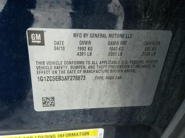 1G1ZC5EB3AF278873 - 2010 CHEVROLET MALIBU 1LT 蓝色 照片 10