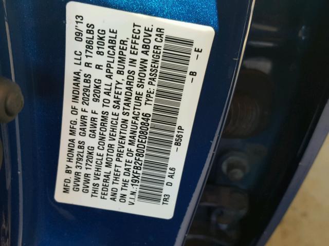 19XFB2F80DE080846 - 2013 HONDA CIVIC EX BLUE photo 10