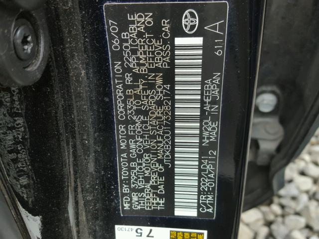 JTDKB20U173282174 - 2007 TOYOTA PRIUS BLACK photo 10