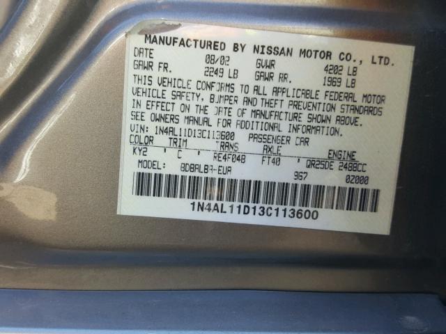 1N4AL11D13C113600 - 2003 NISSAN ALTIMA BAS GOLD photo 10