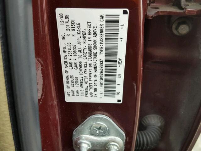 1HGCP26489A078937 - 2009 HONDA ACCORD LXP BURGUNDY photo 10