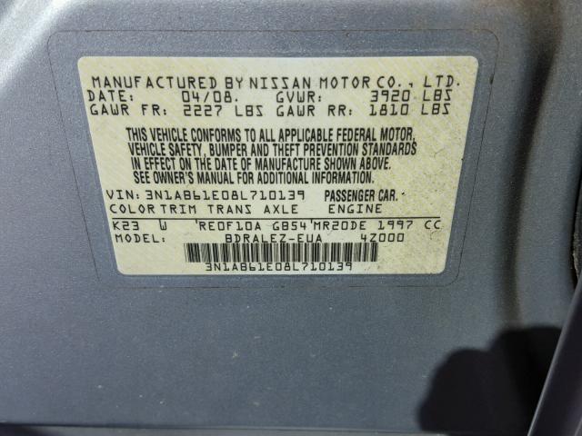 3N1AB61E08L710139 - 2008 NISSAN SENTRA 2.0 SILVER photo 10