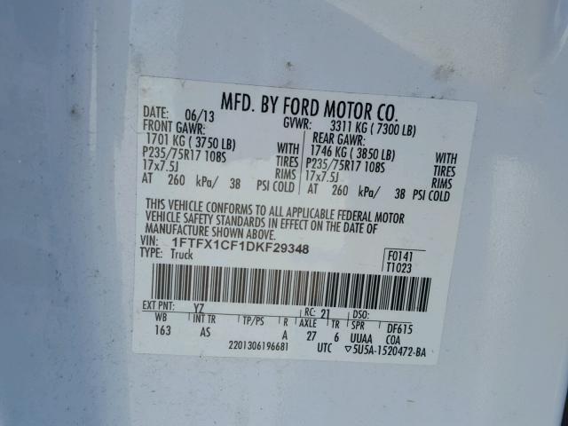 1FTFX1CF1DKF29348 - 2013 FORD F150 SUPER WHITE photo 10