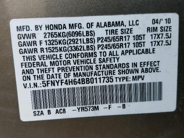 5FNYF4H64BB011735 - 2011 HONDA PILOT EXL GOLD photo 10