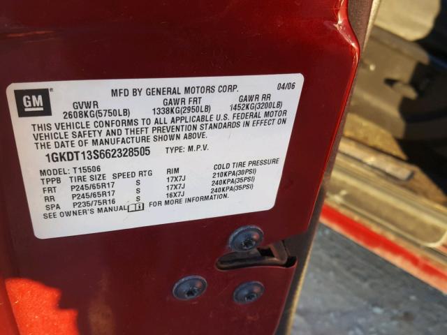 1GKDT13S662328505 - 2006 GMC ENVOY RED photo 10