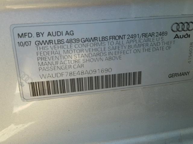 WAUDF78E48A091690 - 2008 AUDI A4 2.0T QU SILVER photo 10