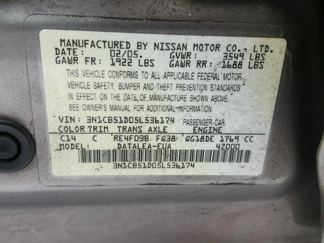 3N1CB51D05L536174 - 2005 NISSAN SENTRA 1.8 BEIGE photo 10