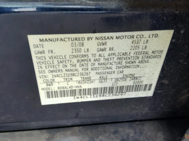 1N4CL21E98C236267 - 2008 NISSAN ALTIMA HYB BLUE photo 10