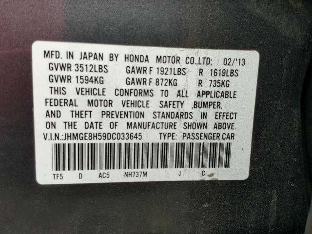 JHMGE8H59DC033645 - 2013 HONDA FIT SPORT GRAY photo 10