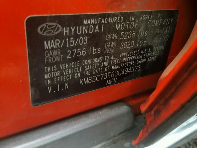 KM8SC73E63U494373 - 2003 HYUNDAI SANTA FE G RED photo 10