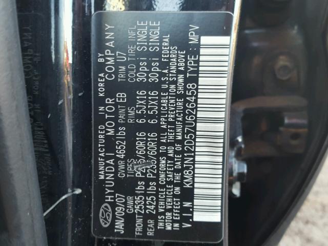 KM8JN12D57U626458 - 2007 HYUNDAI TUCSON SE BLACK photo 10