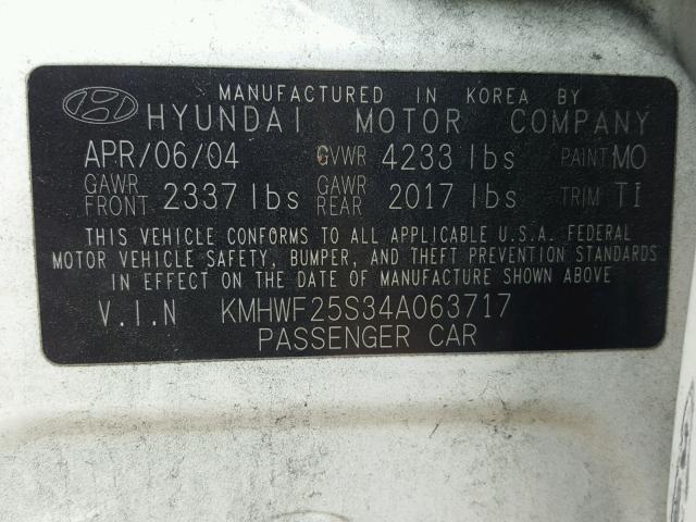 KMHWF25S34A063717 - 2004 HYUNDAI SONATA GL WHITE photo 10