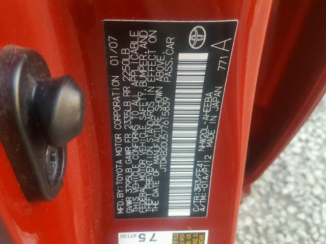 JTDKB20U577615839 - 2007 TOYOTA PRIUS RED photo 10