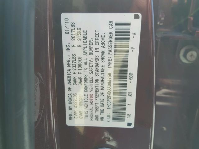 1HGCP2F4XAA084758 - 2010 HONDA ACCORD LXP MAROON photo 10