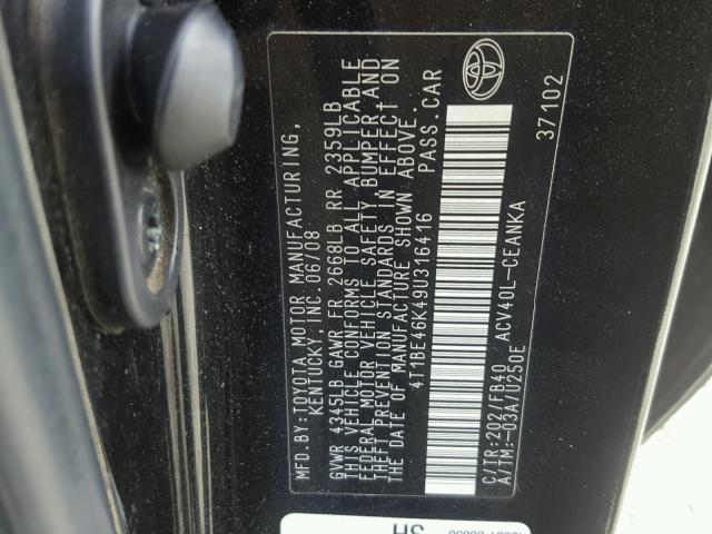 4T1BE46K49U316416 - 2009 TOYOTA CAMRY BASE BLACK photo 10