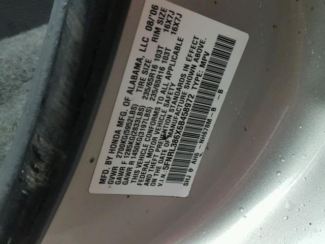 5FNRL386X6B458972 - 2006 HONDA ODYSSEY EX SILVER photo 10