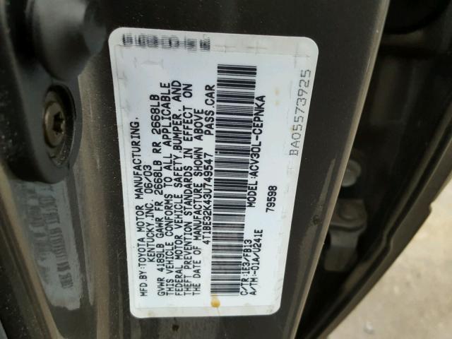 4T1BE32K43U749547 - 2003 TOYOTA CAMRY LE GRAY photo 10