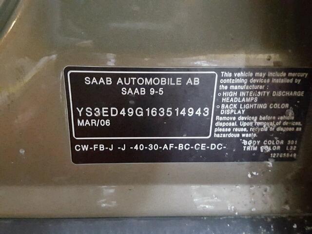 YS3ED49G163514943 - 2006 SAAB 9-5 BASE GREEN photo 10