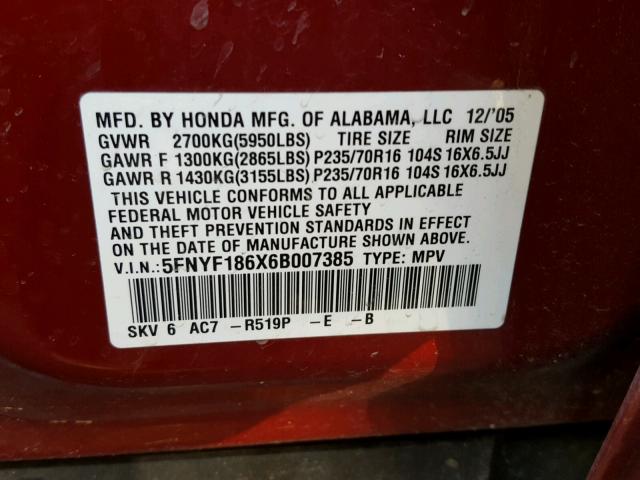 5FNYF186X6B007385 - 2006 HONDA PILOT EX RED photo 10