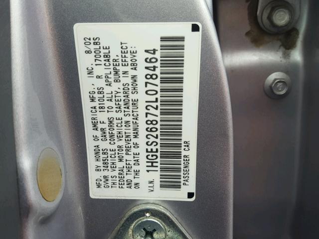 1HGES26872L078464 - 2002 HONDA CIVIC EX Gümüş foto 10