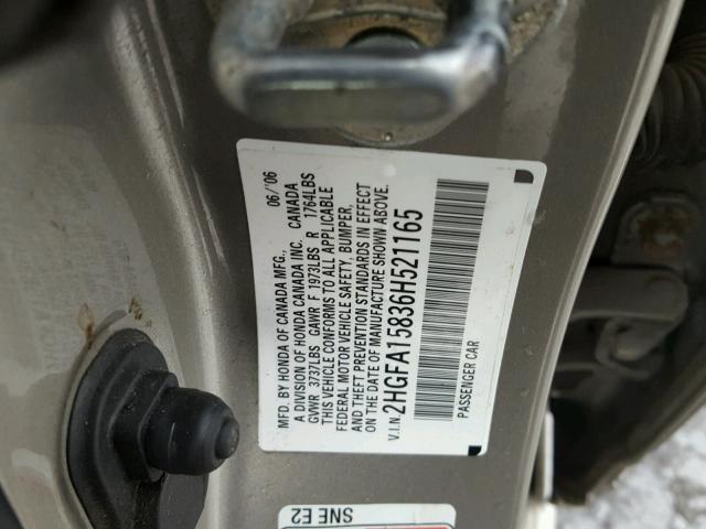 2HGFA15836H521165 - 2006 HONDA CIVIC EX TAN photo 10