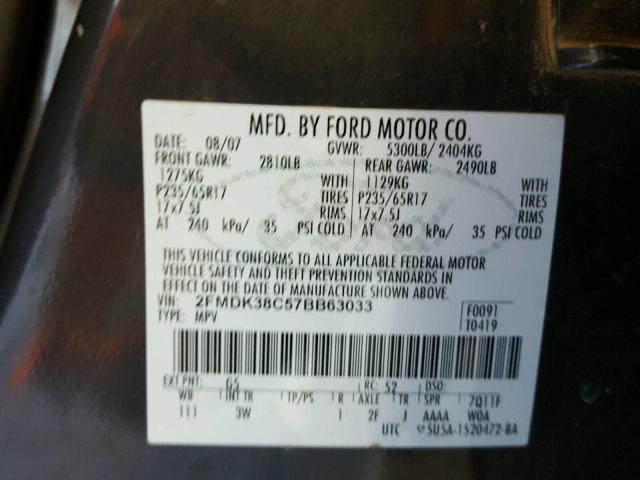 2FMDK38C57BB63033 - 2007 FORD EDGE SEL GRAY photo 10