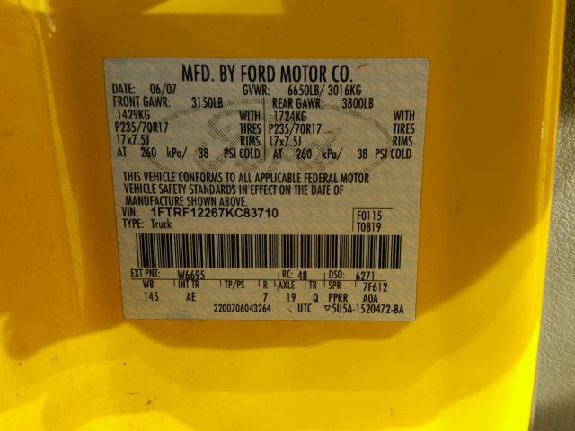 1FTRF12267KC83710 - 2007 FORD F150 YELLOW photo 10