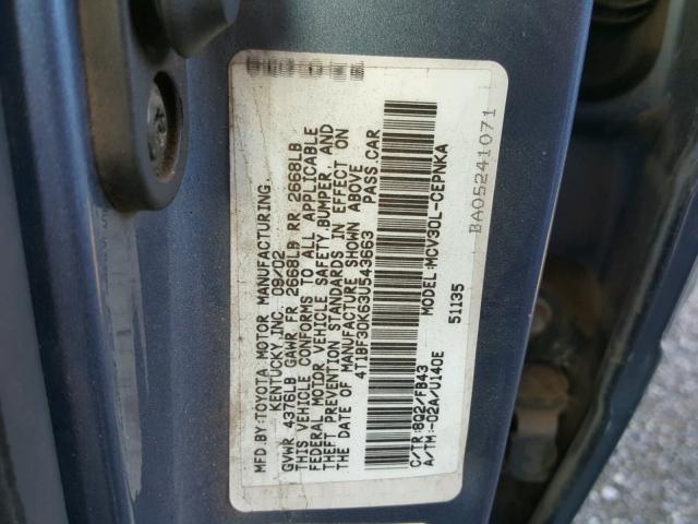 4T1BF30K63U543663 - 2003 TOYOTA CAMRY LE BLUE photo 10