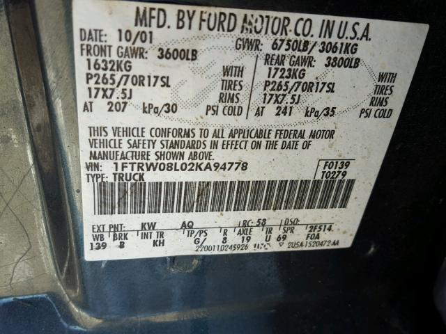 1FTRW08L02KA94778 - 2002 FORD F150 SUPER BLUE photo 10